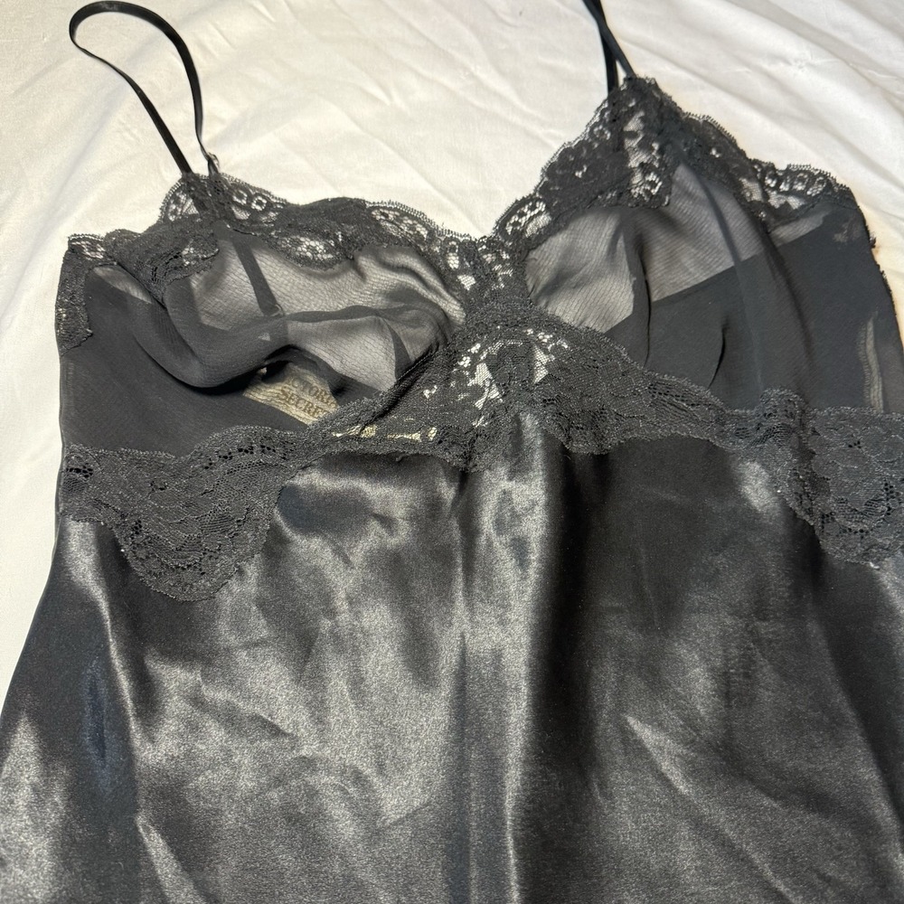 Vintage Victoria's Secret Black Satin Lace Chemise Slip Nightgown Women's S - Picture 3 of 6